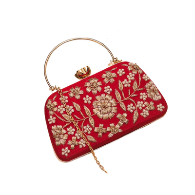 Red Velvet Floral Embroidered Top-Handle Clutch