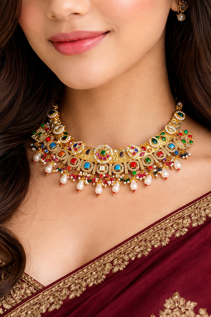 Noor-e-Rajwada Navratna Pearl Choker Set