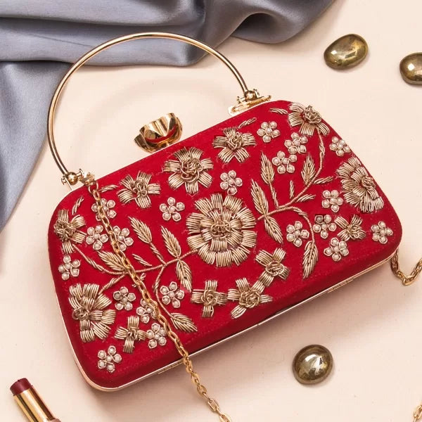 Red Velvet Floral Embroidered Top-Handle Clutch
