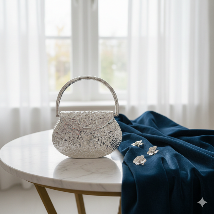 Silver Handcrafted Metal Top-Handle Clutch