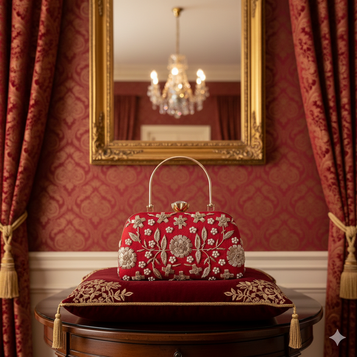 Red Velvet Floral Embroidered Top-Handle Clutch