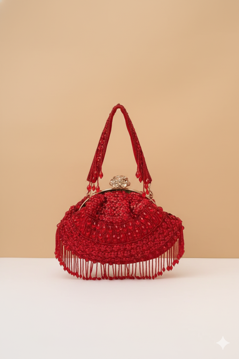 Red Hand-Embellished Beaded Potli Handbag