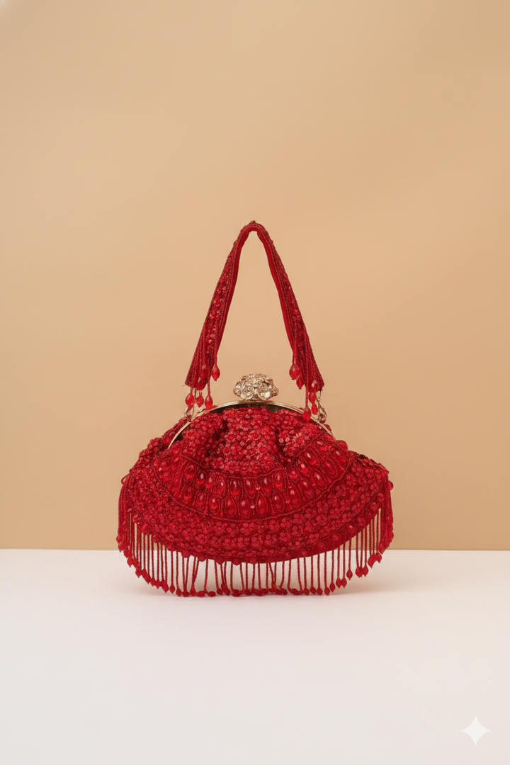 Red Hand-Embellished Beaded Potli Handbag