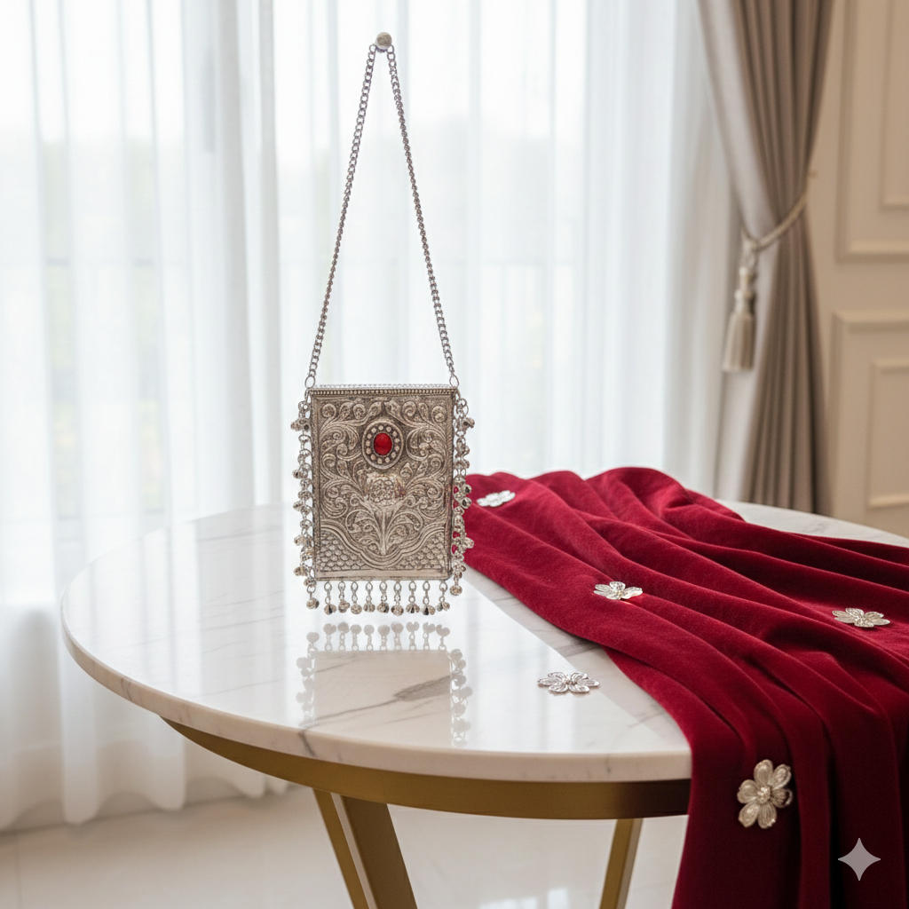 Silver Handcrafted Metal Sling Clutch with Red Stone Detail