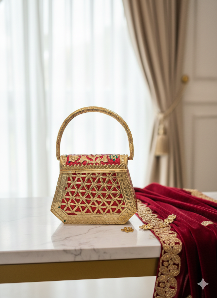 Red & Gold Handcrafted Top-Handle Clutch with Stone Detailing