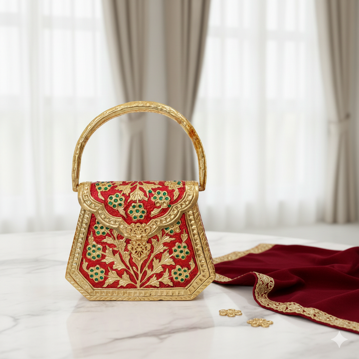 Red & Gold Handcrafted Top-Handle Clutch with Stone Detailing