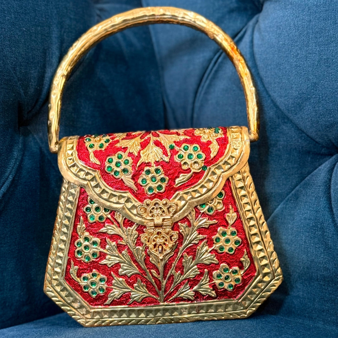 Red & Gold Handcrafted Top-Handle Clutch with Stone Detailing