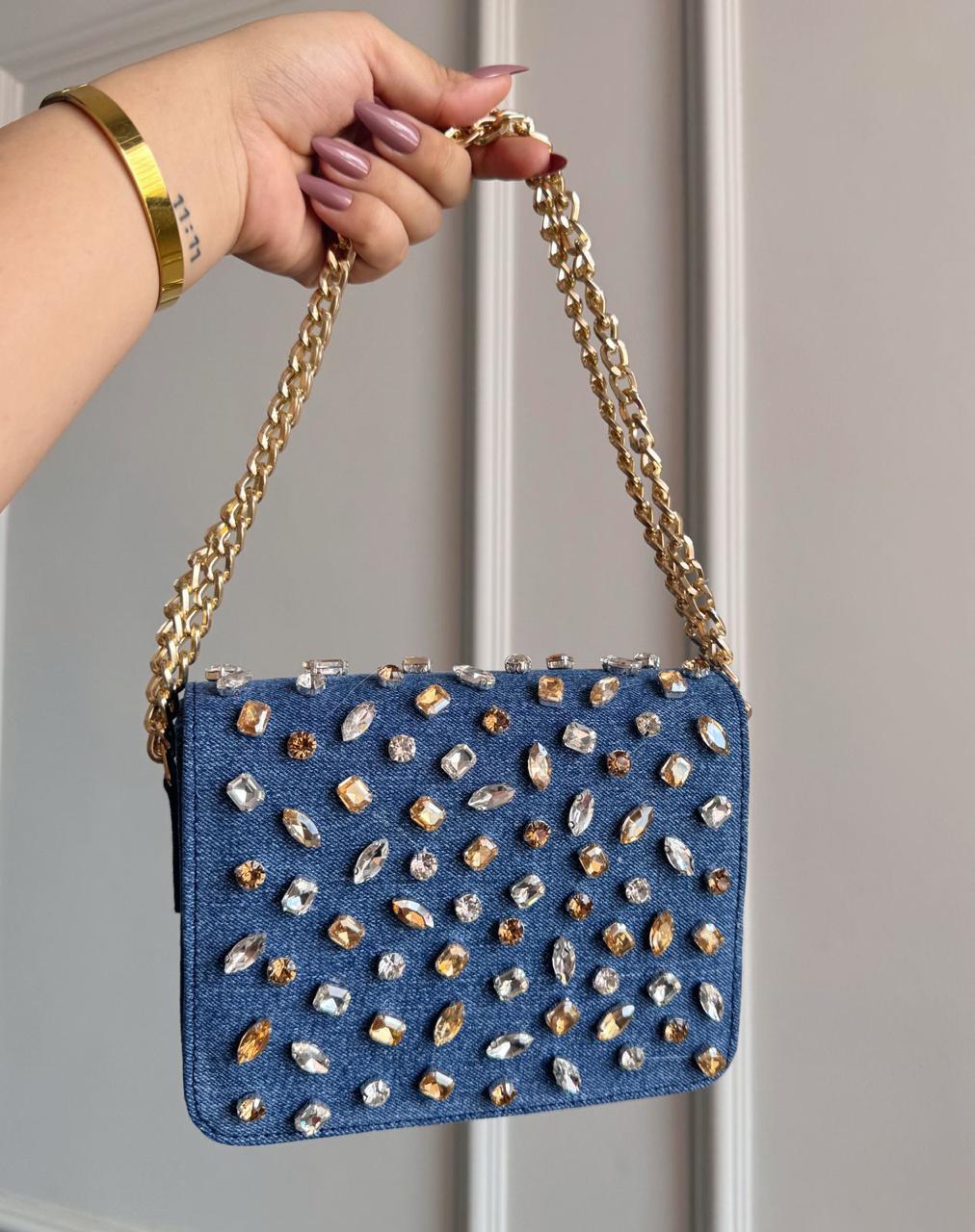 Crystal Denim Flap Bags- Where street-style meets sparkle!
