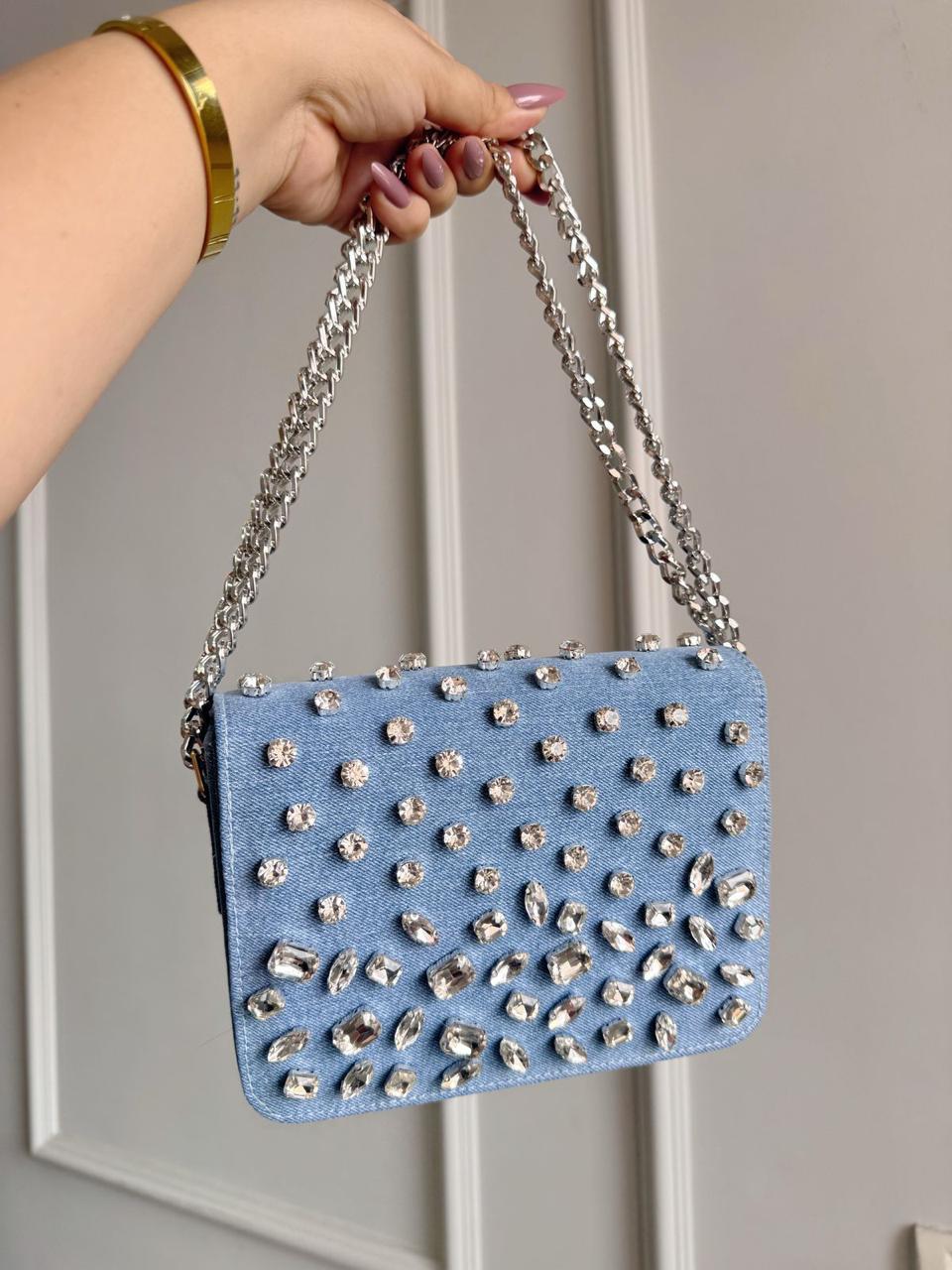 Crystal Denim Flap Bags- Where street-style meets sparkle!