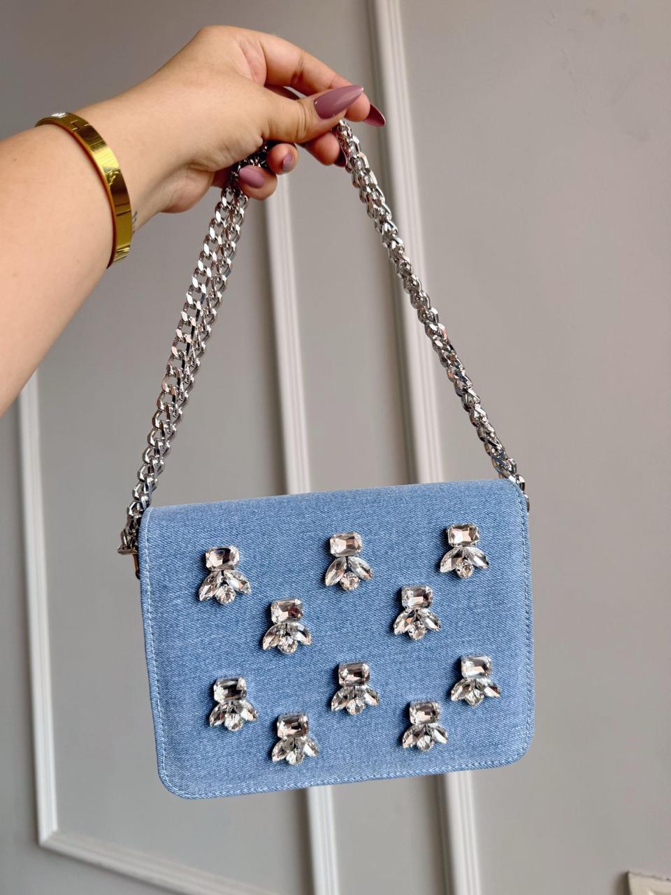 Crystal Denim Flap Bags- Where street-style meets sparkle!