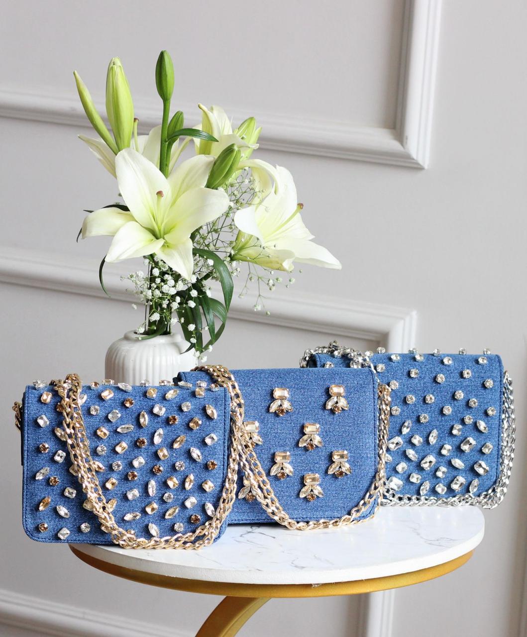 Crystal Denim Flap Bags- Where street-style meets sparkle!