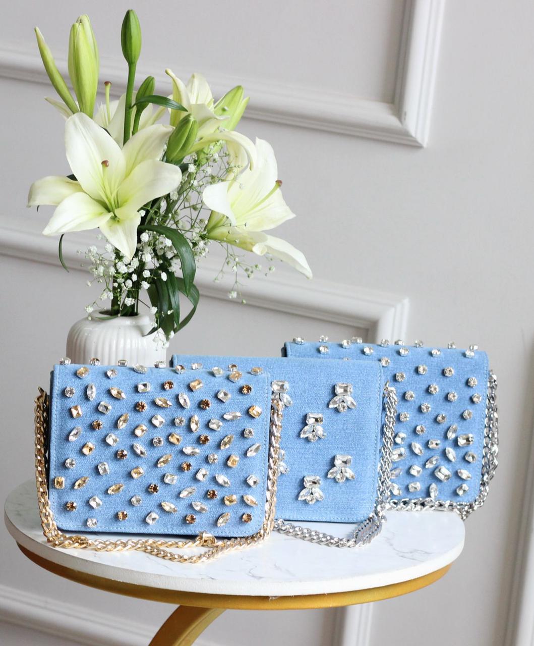 Crystal Denim Flap Bags- Where street-style meets sparkle!