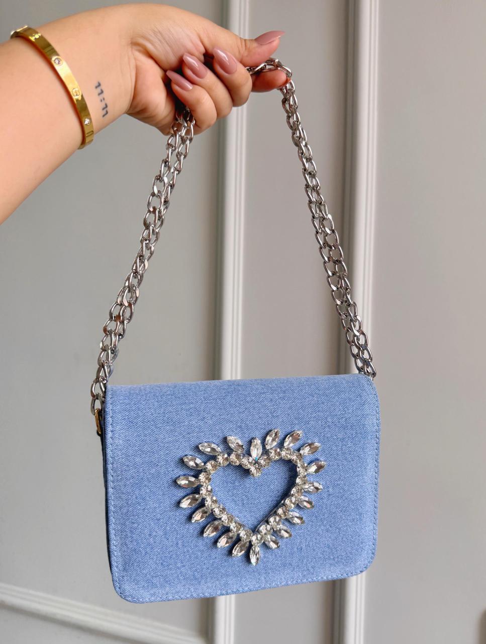 HEART CRYSTAL DENIM FLAP BAGS