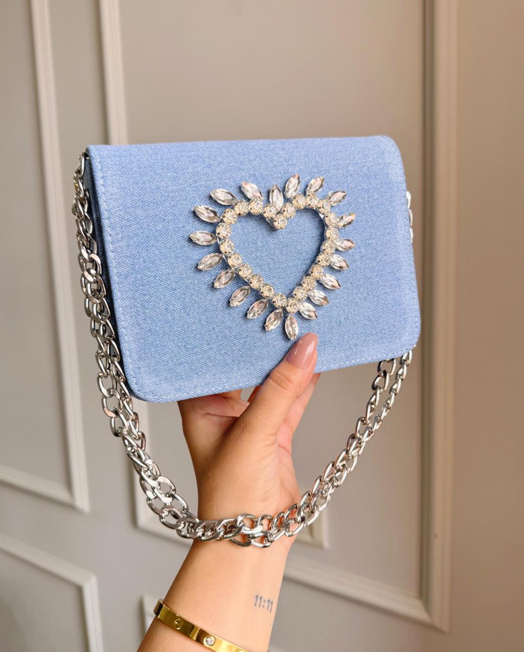 HEART CRYSTAL DENIM FLAP BAGS