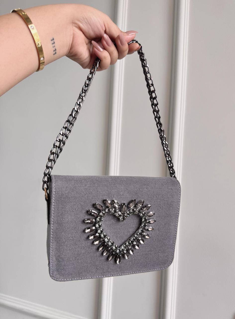 HEART CRYSTAL DENIM FLAP BAGS Grey