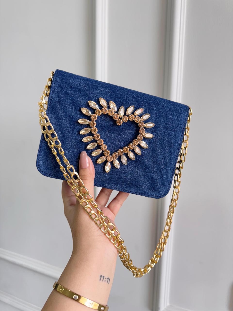 HEART CRYSTAL DENIM FLAP BAGS Dark Blue