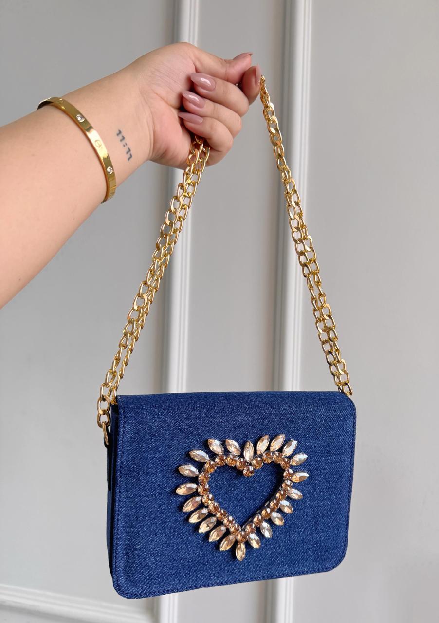 HEART CRYSTAL DENIM FLAP BAGS Dark Blue