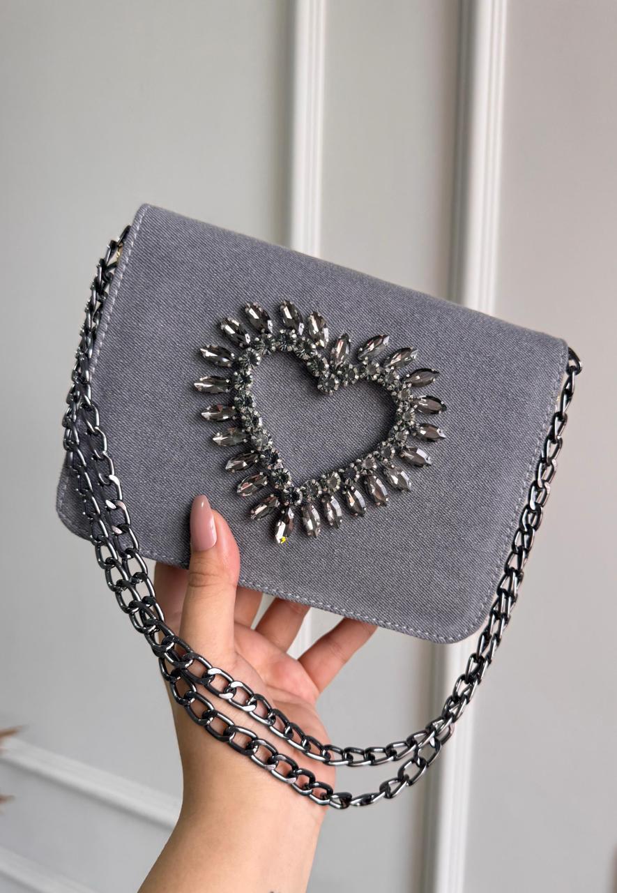 HEART CRYSTAL DENIM FLAP BAGS Grey