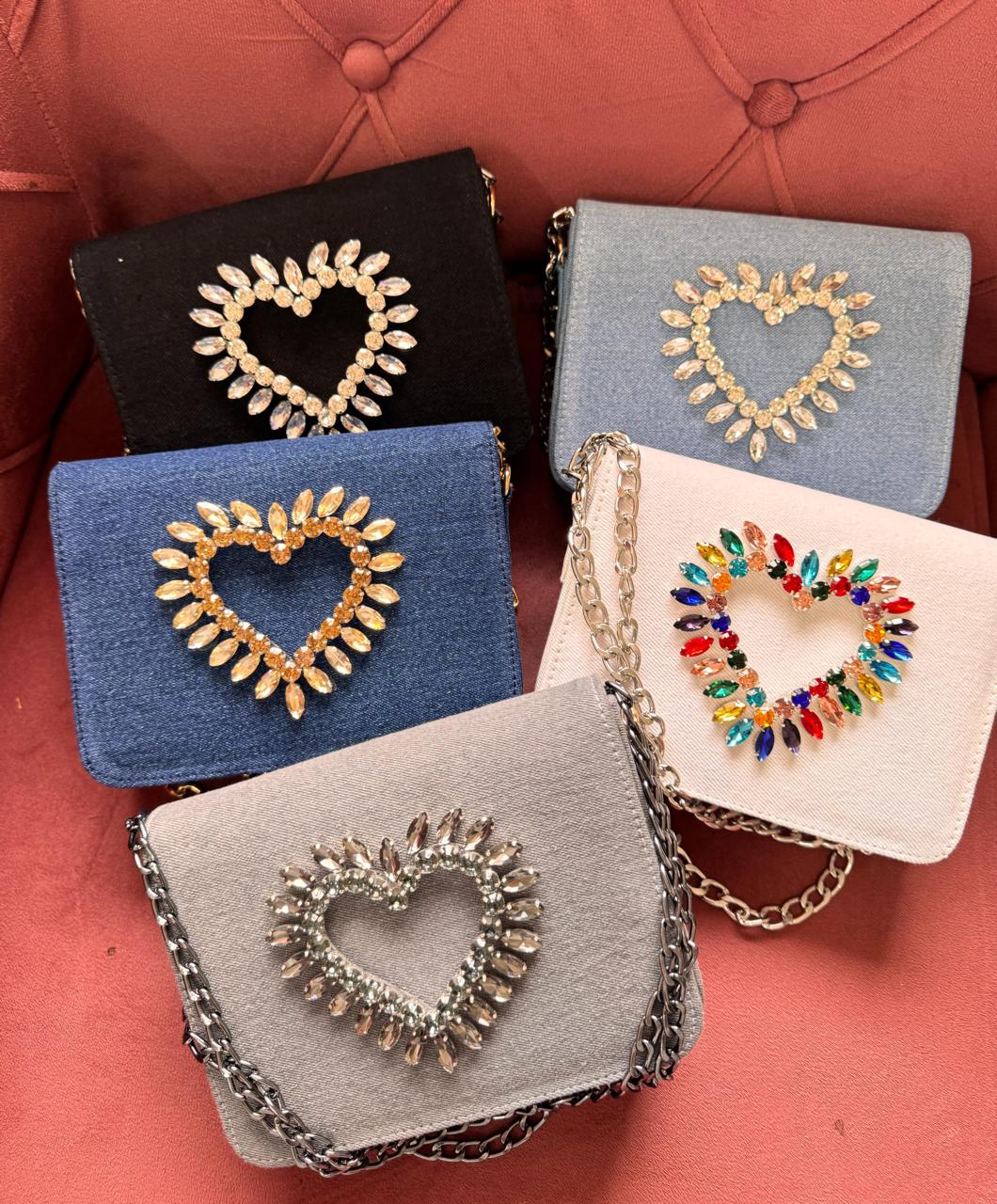 HEART CRYSTAL DENIM FLAP BAGS White