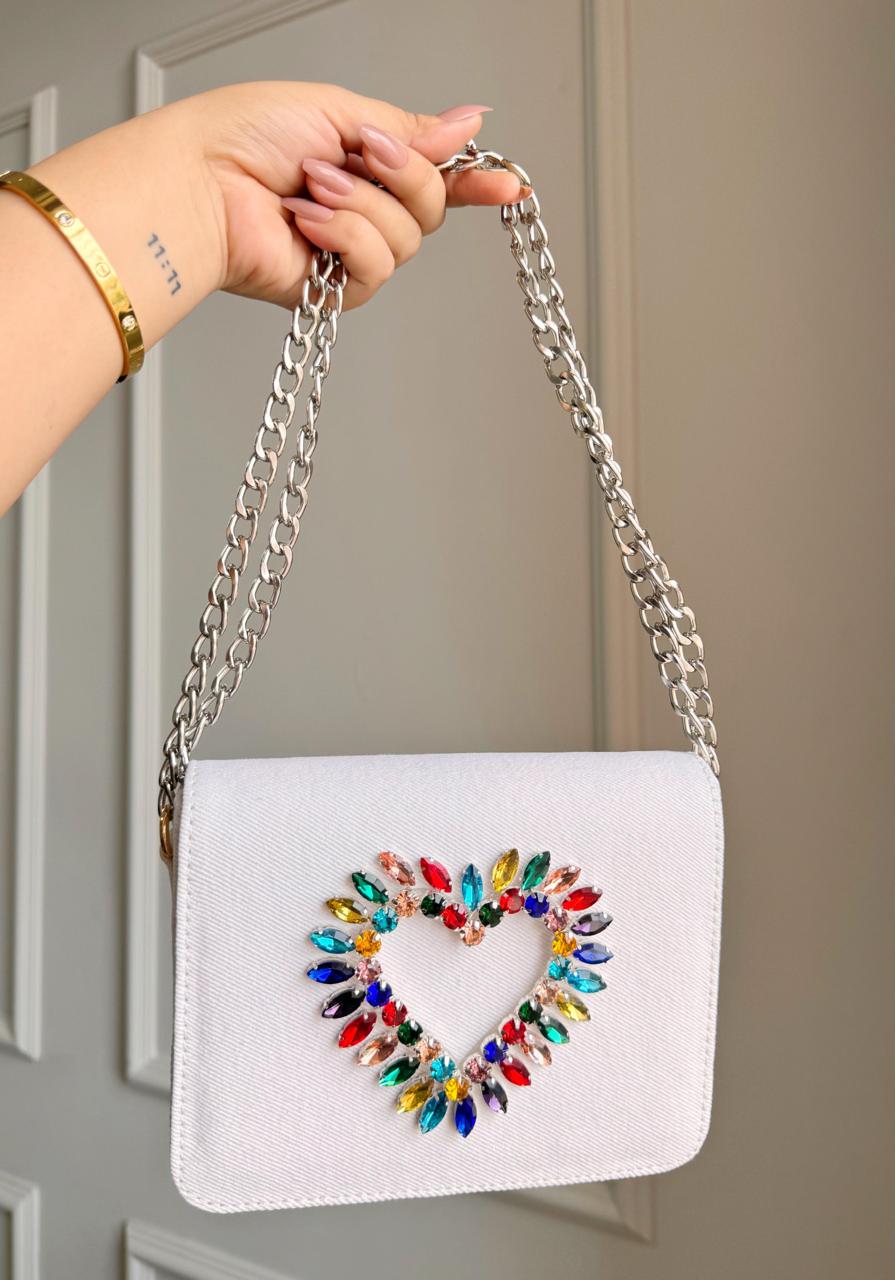 HEART CRYSTAL DENIM FLAP BAGS White