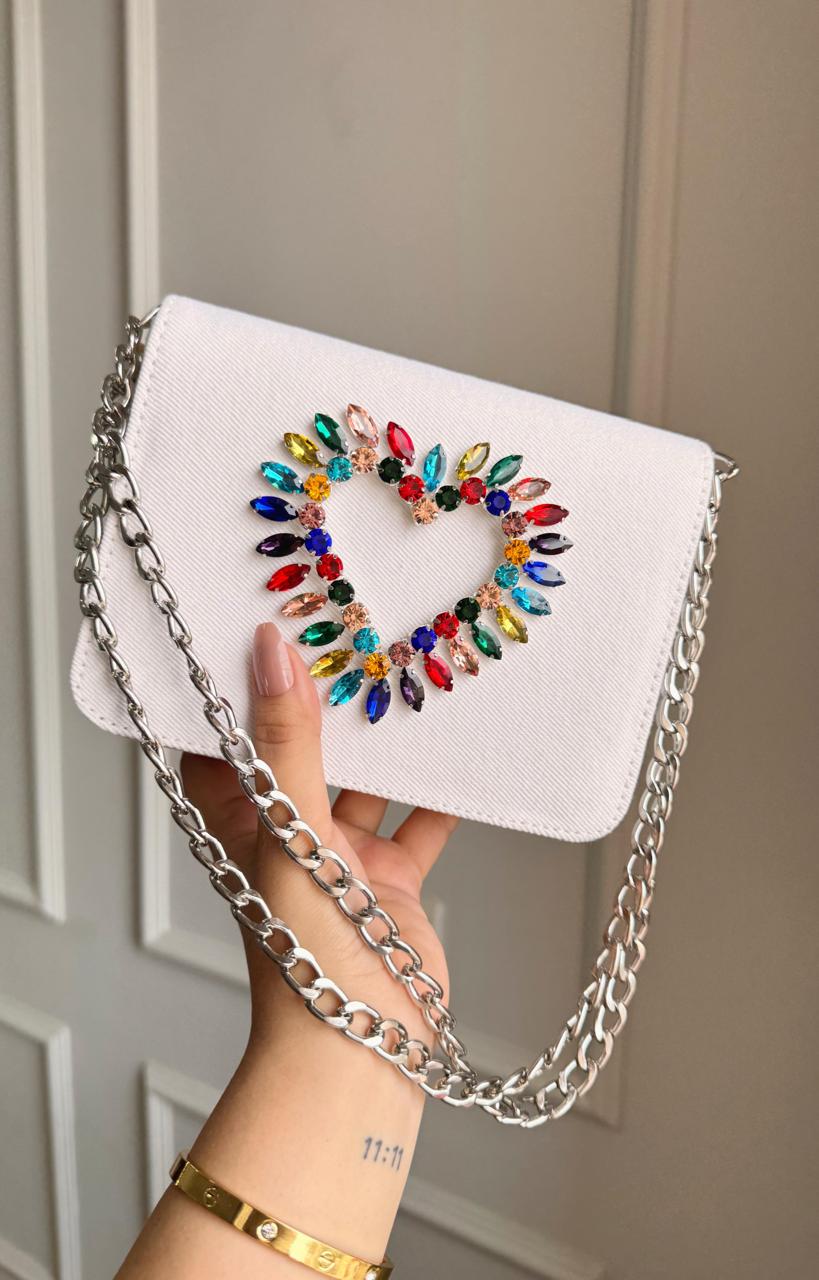 HEART CRYSTAL DENIM FLAP BAGS White
