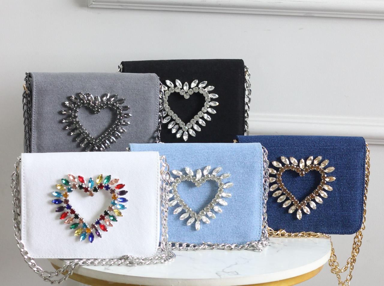 HEART CRYSTAL DENIM FLAP BAGS White