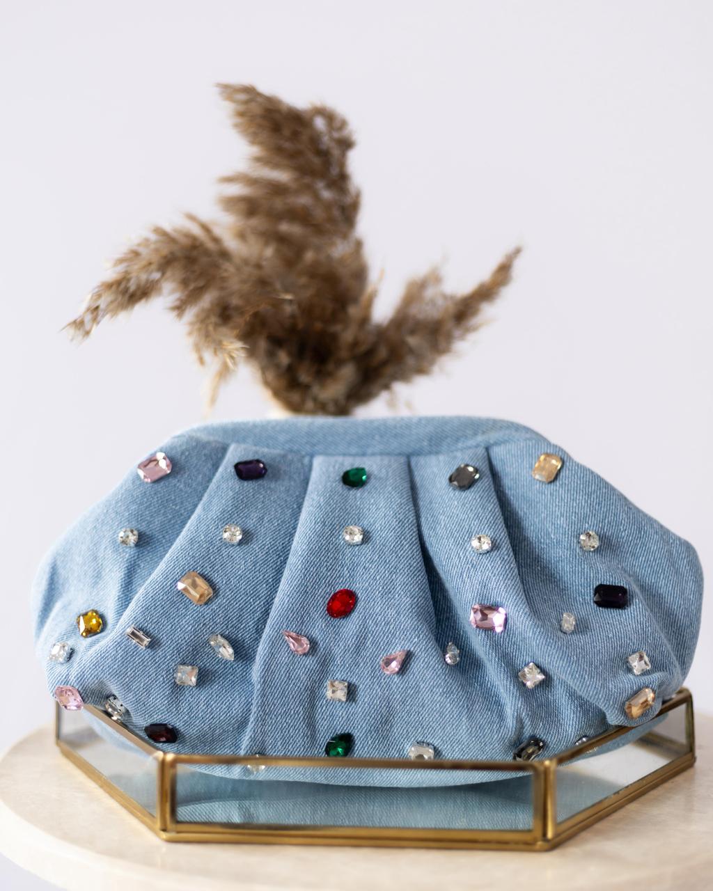 CRYSTAL RHINESTONE MULTICOLOR DENIM BAG