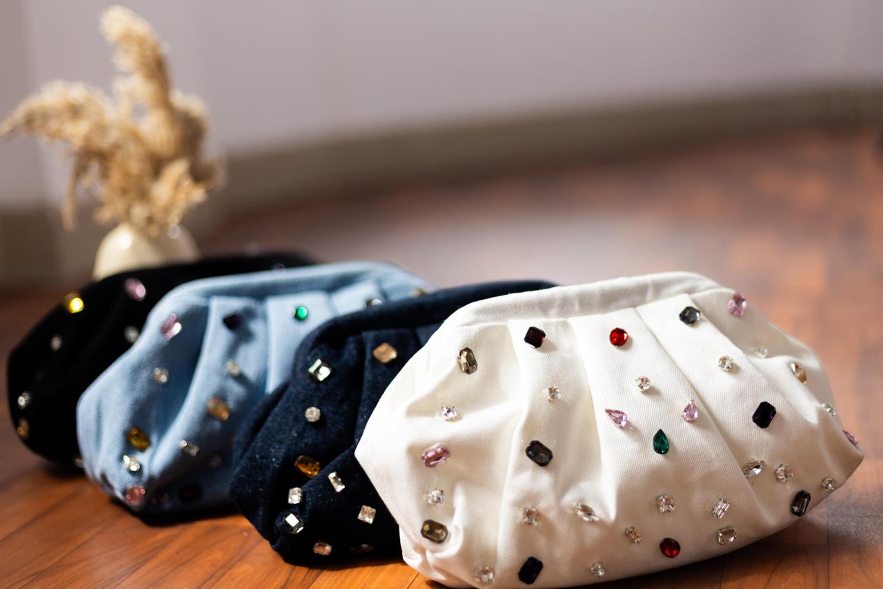 CRYSTAL RHINESTONE MULTICOLOR DENIM BAG