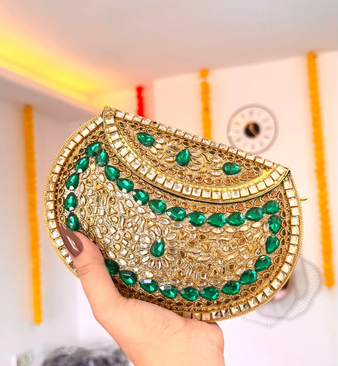 Kundan Brass Clutch – Emerald Edition
