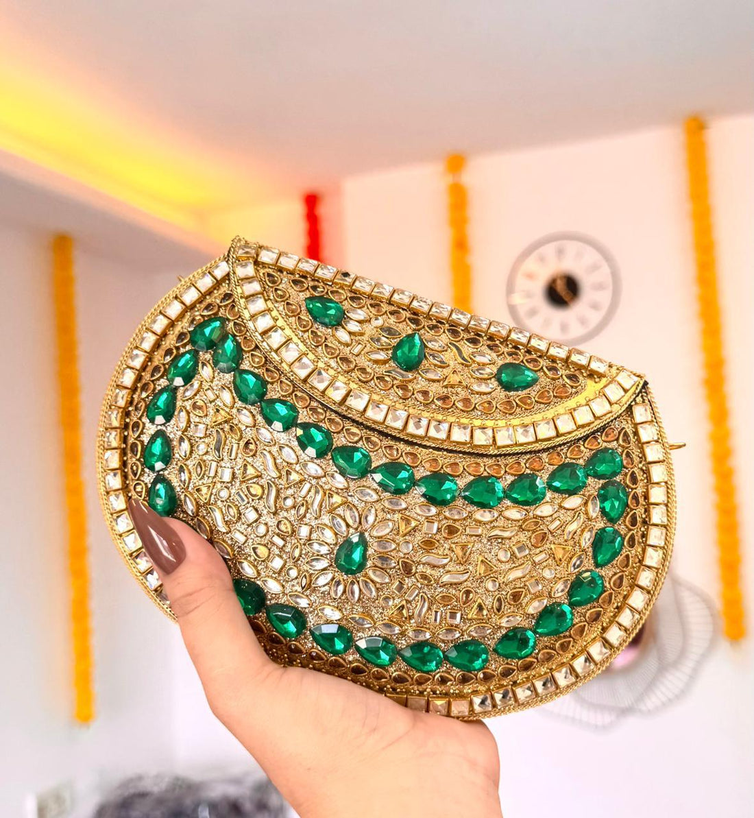 Kundan Brass Clutch – Emerald Edition