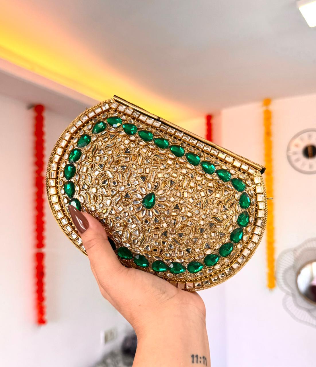 Kundan Brass Clutch – Emerald Edition