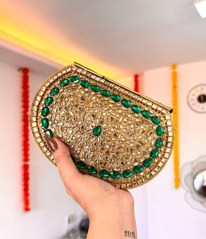Kundan Brass Clutch – Emerald Edition