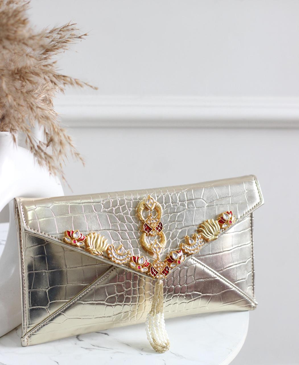 Leather-Finish Kundan Envelope Sling