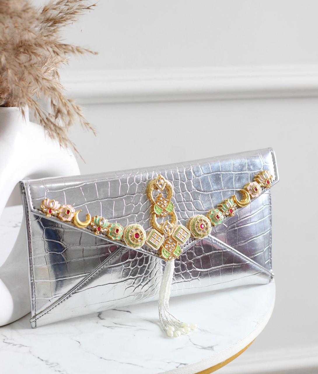 Leather-Finish Kundan Envelope Sling