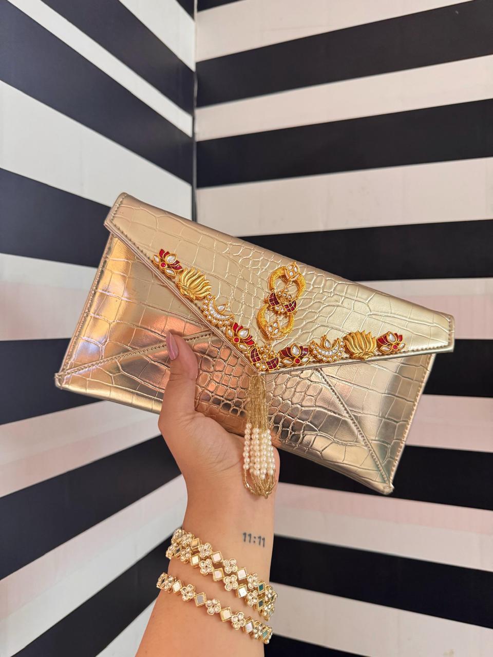 Leather-Finish Kundan Envelope Sling