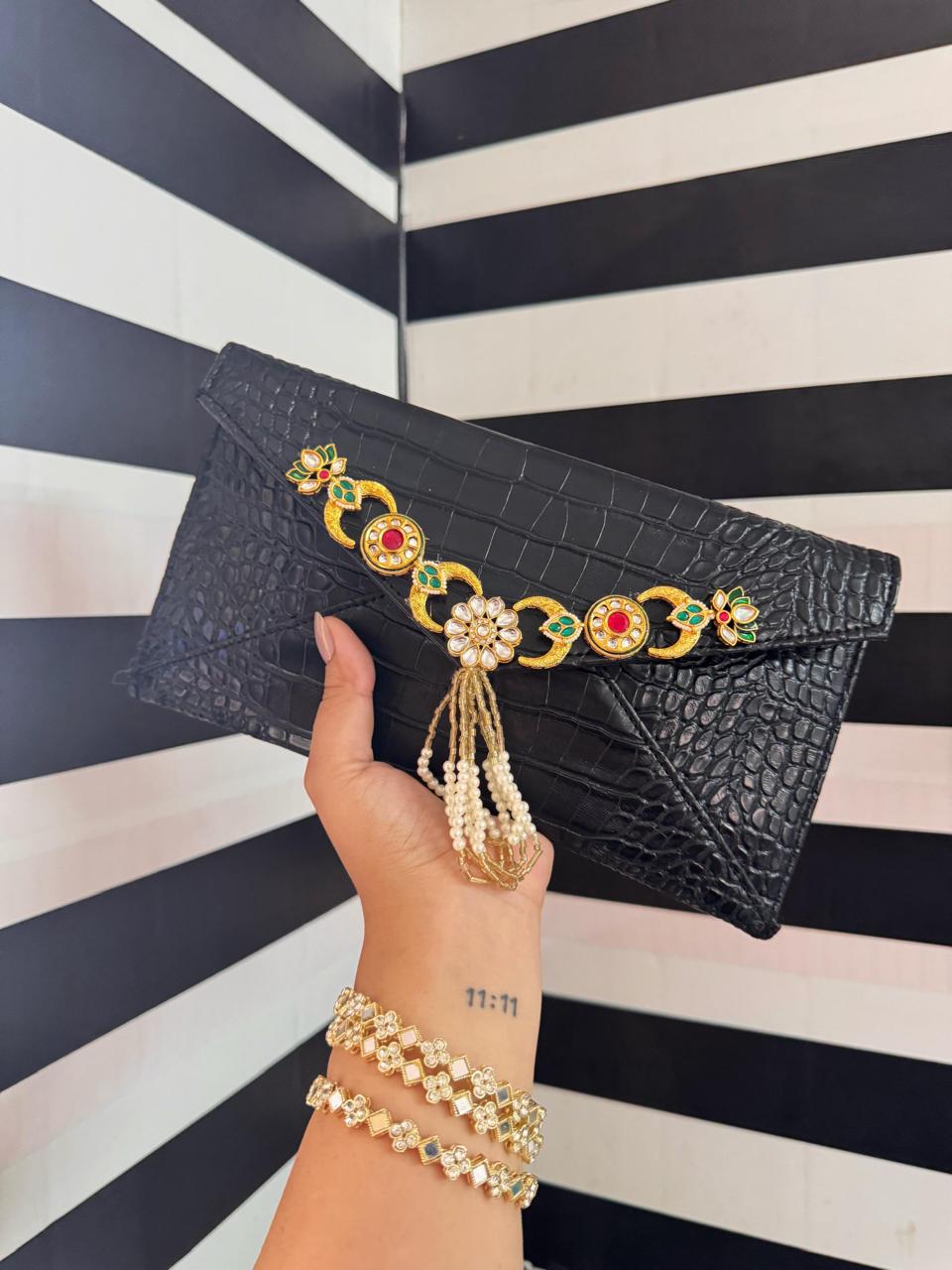 Leather-Finish Kundan Envelope Sling