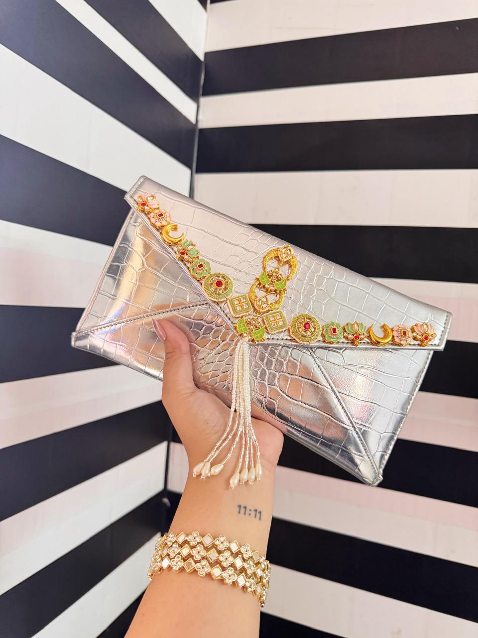 Leather-Finish Kundan Envelope Sling