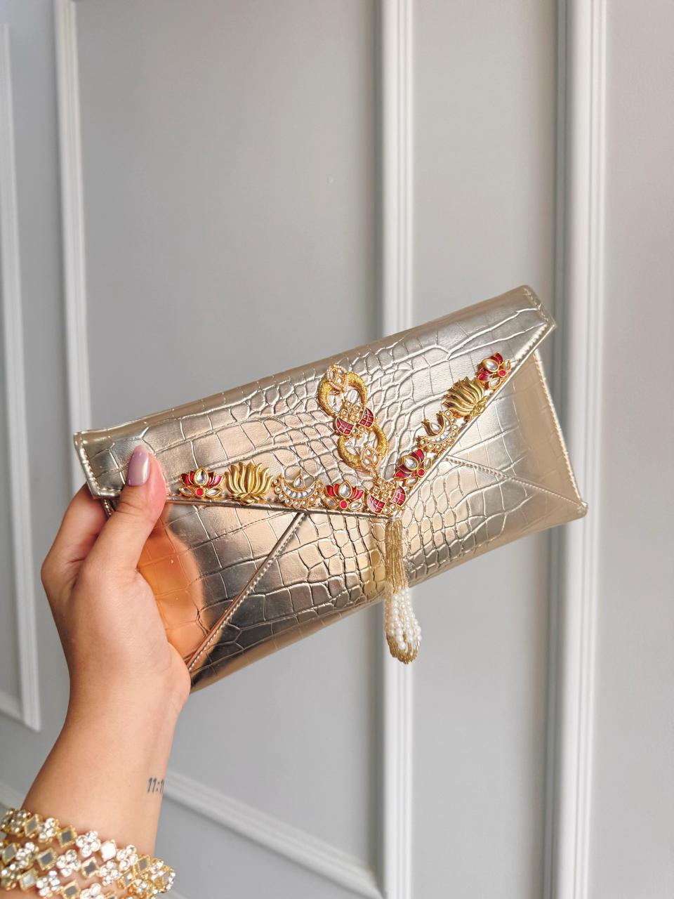 Leather-Finish Kundan Envelope Sling