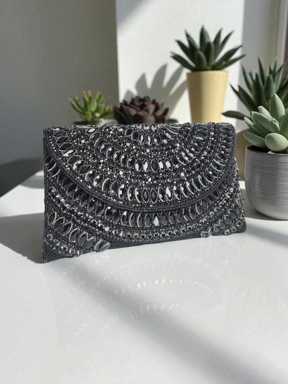 Chic Crystal-Embroidered Envelope Clutch