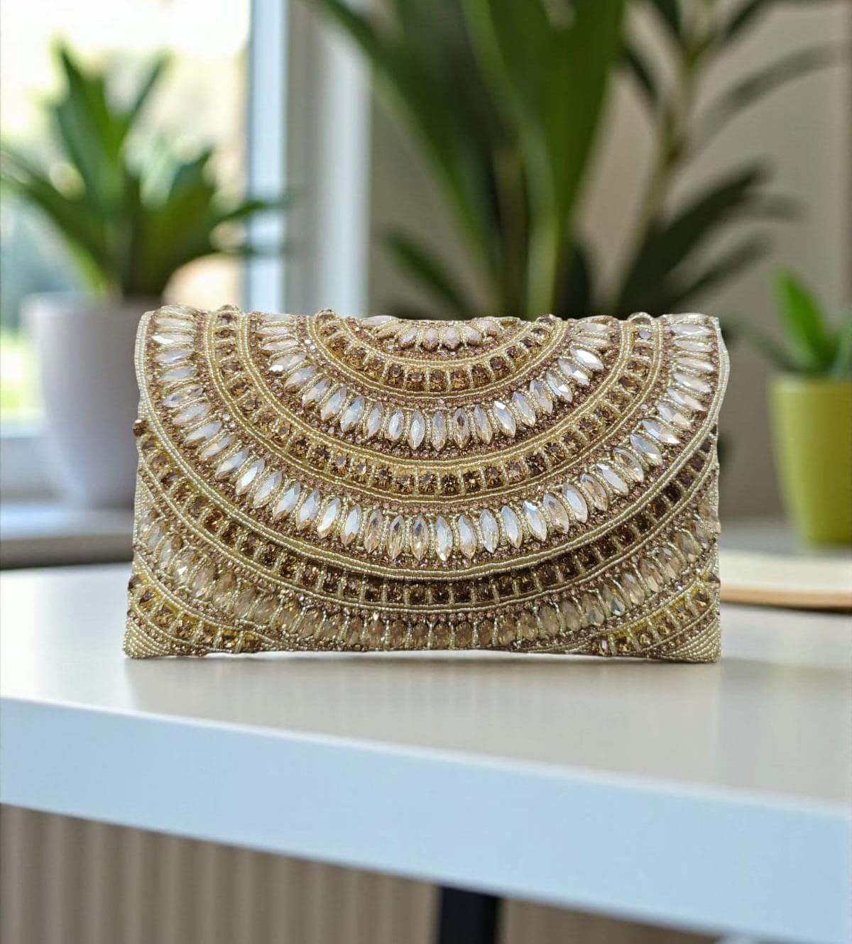 Chic Crystal-Embroidered Envelope Clutch