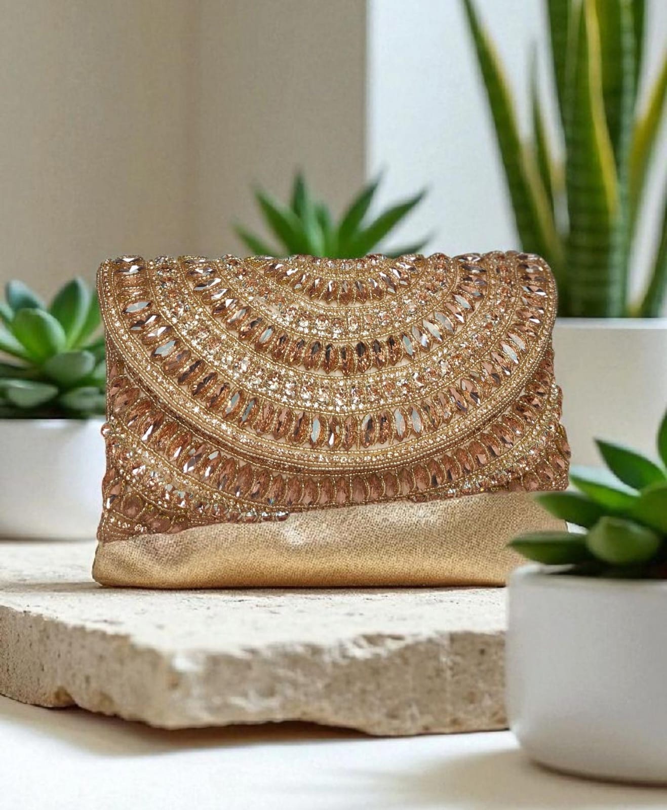Chic Crystal-Embroidered Envelope Clutch