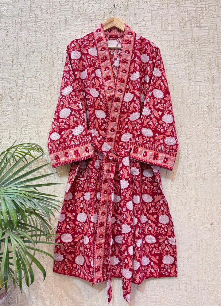 Laal Shahi Blossom – Hand Block Printed Premium Bathrobe