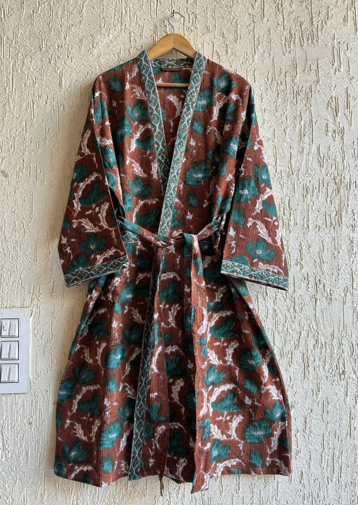 VanRaj Teal Bloom – Hand Block Printed Premium Bathrobe