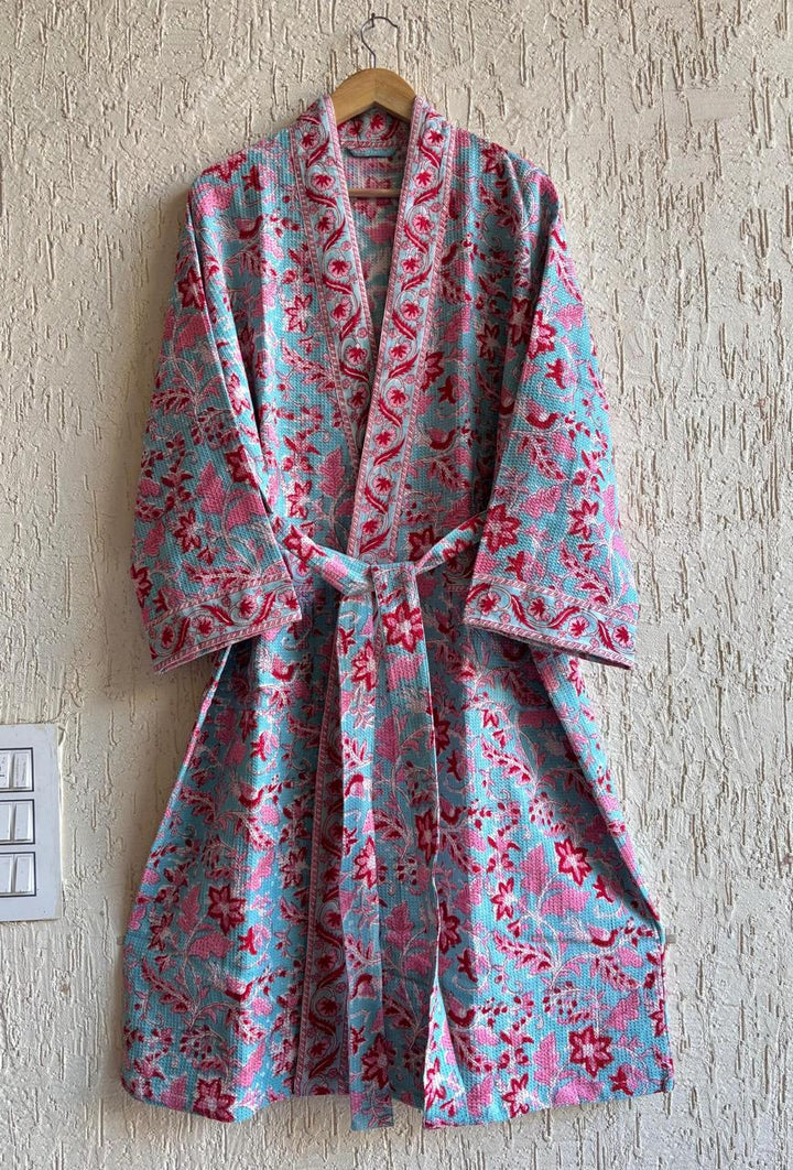 Blush Aqua Royale – Hand Block Printed Premium Bathrobe