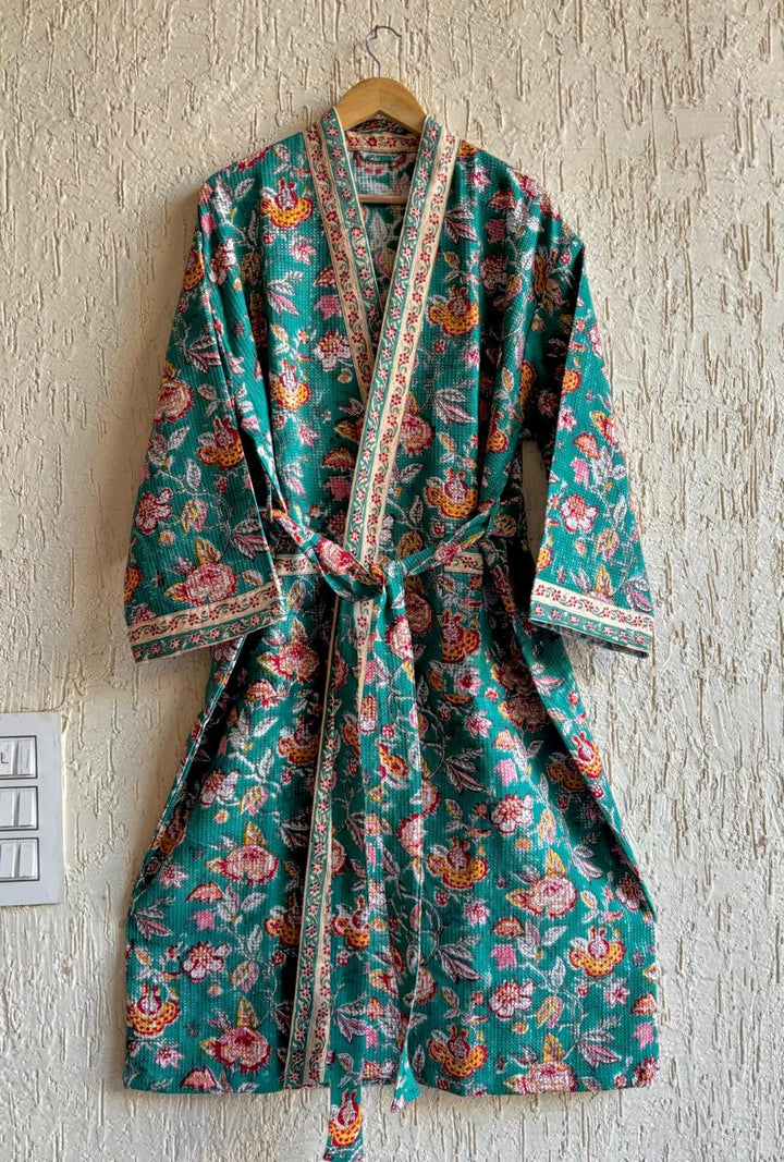 Royal Teal Blossom – Hand Block Printed Premium Bathrobe