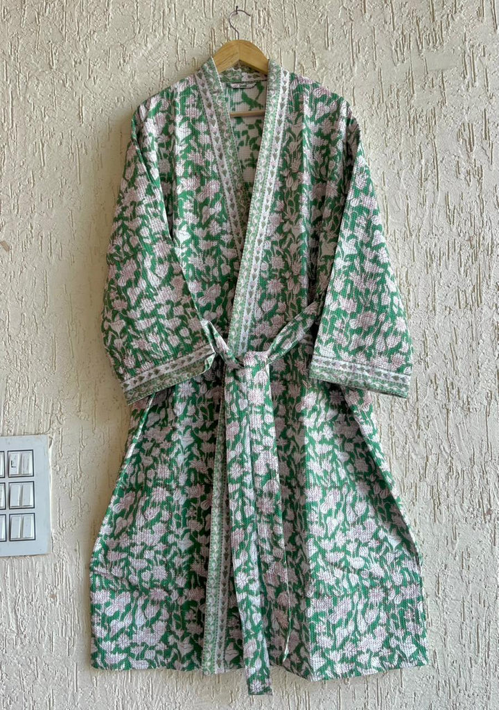 Emerald Bloom – Hand Block Printed Premium Bathrobe