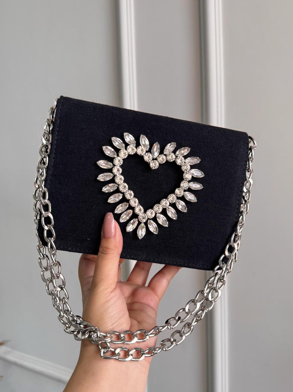 HEART CRYSTAL DENIM FLAP BAGS Black