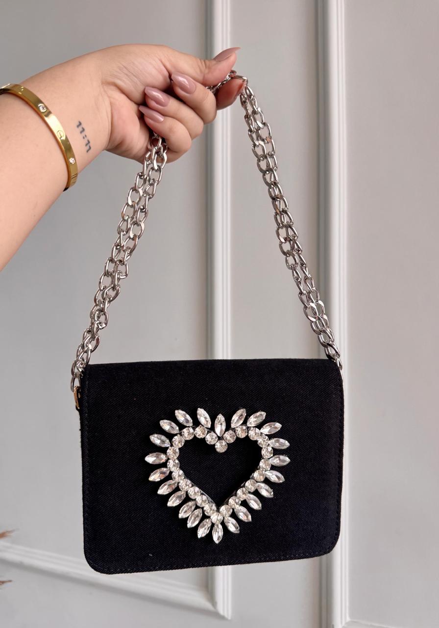 HEART CRYSTAL DENIM FLAP BAGS Black