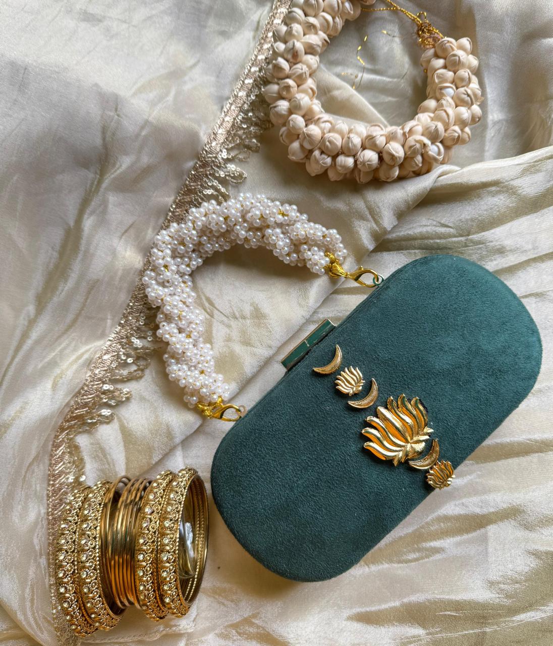 Velvet Luxe Clutch with Pearl Handle