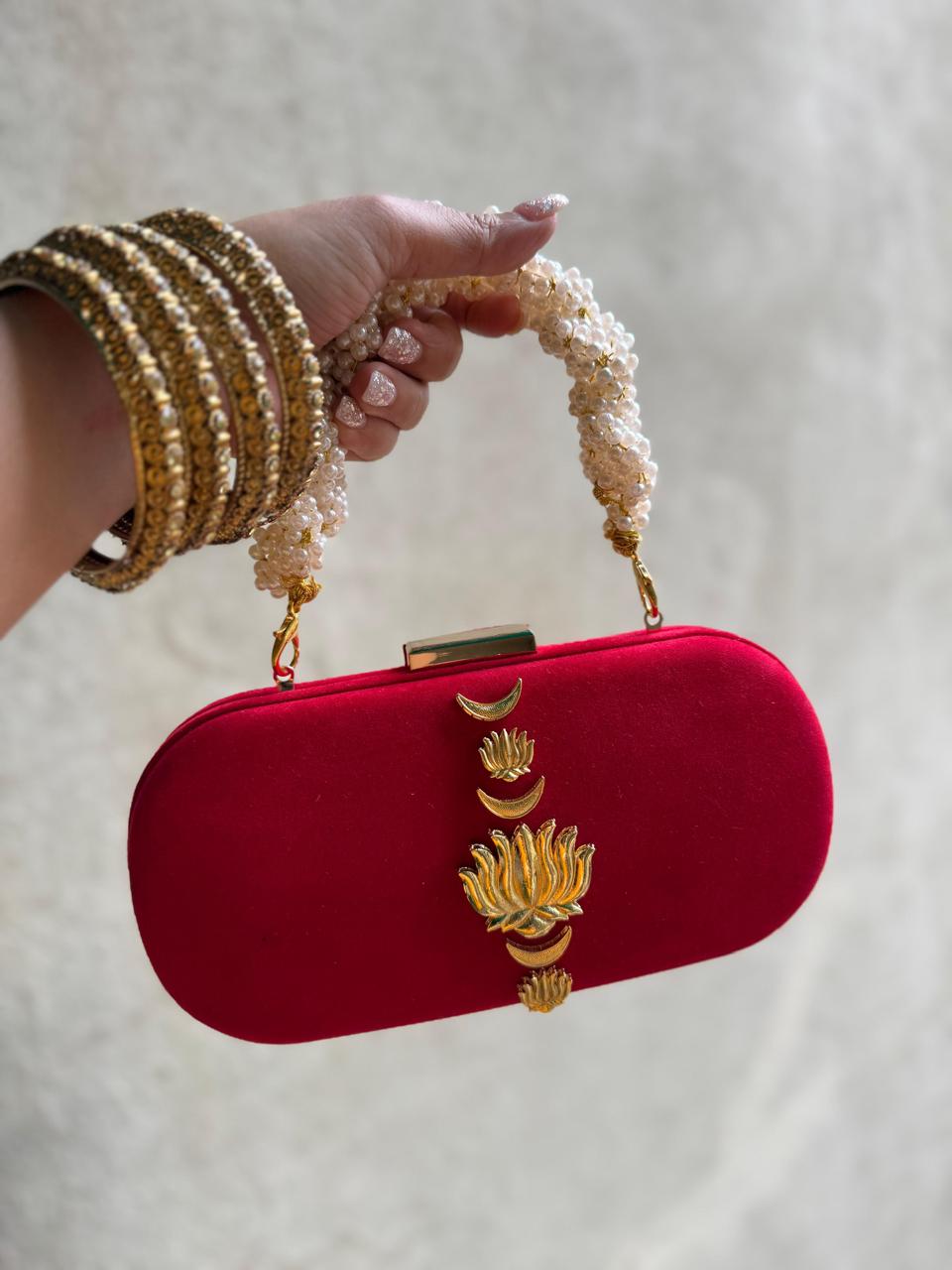Velvet Luxe Clutch with Pearl Handle